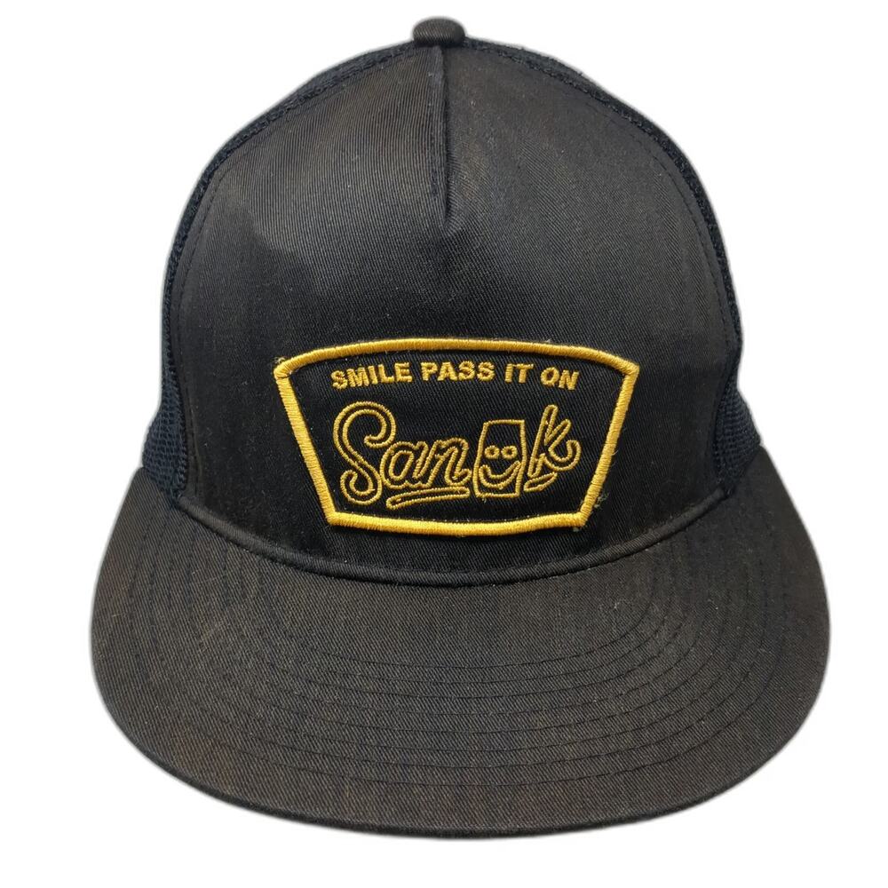 Sanuk Trucker Hat Black One Size Smile Pass It On Patch Mesh Snapback Cap